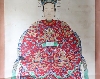 Old Chinese Seated Empress Ancestral Portrait Scroll; Asian Hanging Ancestor Hand Painted Scroll; Wall Hanging Hollywood Regency Home Decor