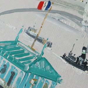 May include: A close-up of a teal green building with a white roof and a gold flagpole. The building is painted in a loose, impressionistic style.