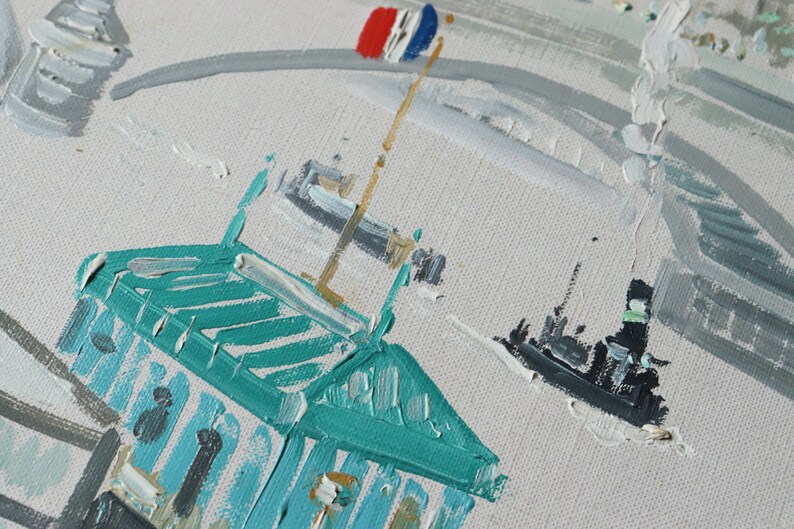May include: A close-up of a teal green building with a white roof and a gold flagpole. The building is painted in a loose, impressionistic style.