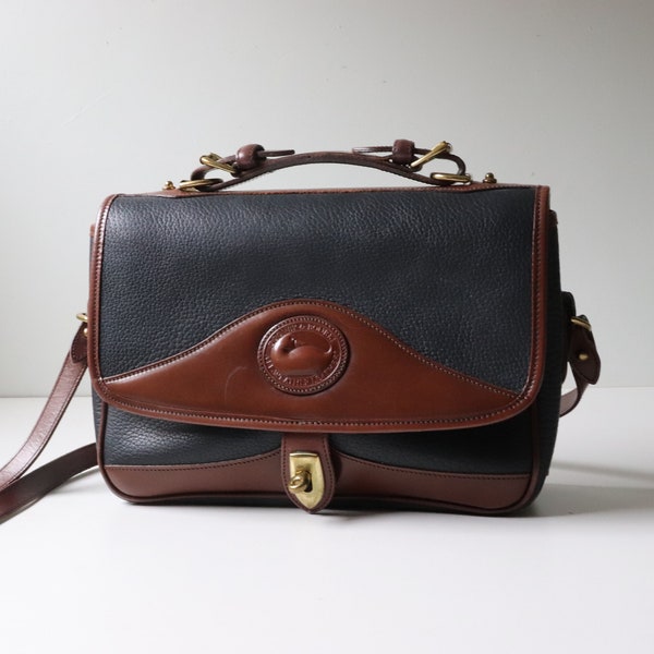 Dooney & Bourke Navy Blue and Brown Leather Carrier Crossbody Shoulder Bag; Dooney Cross body AWL Bags and Purses -[B2]