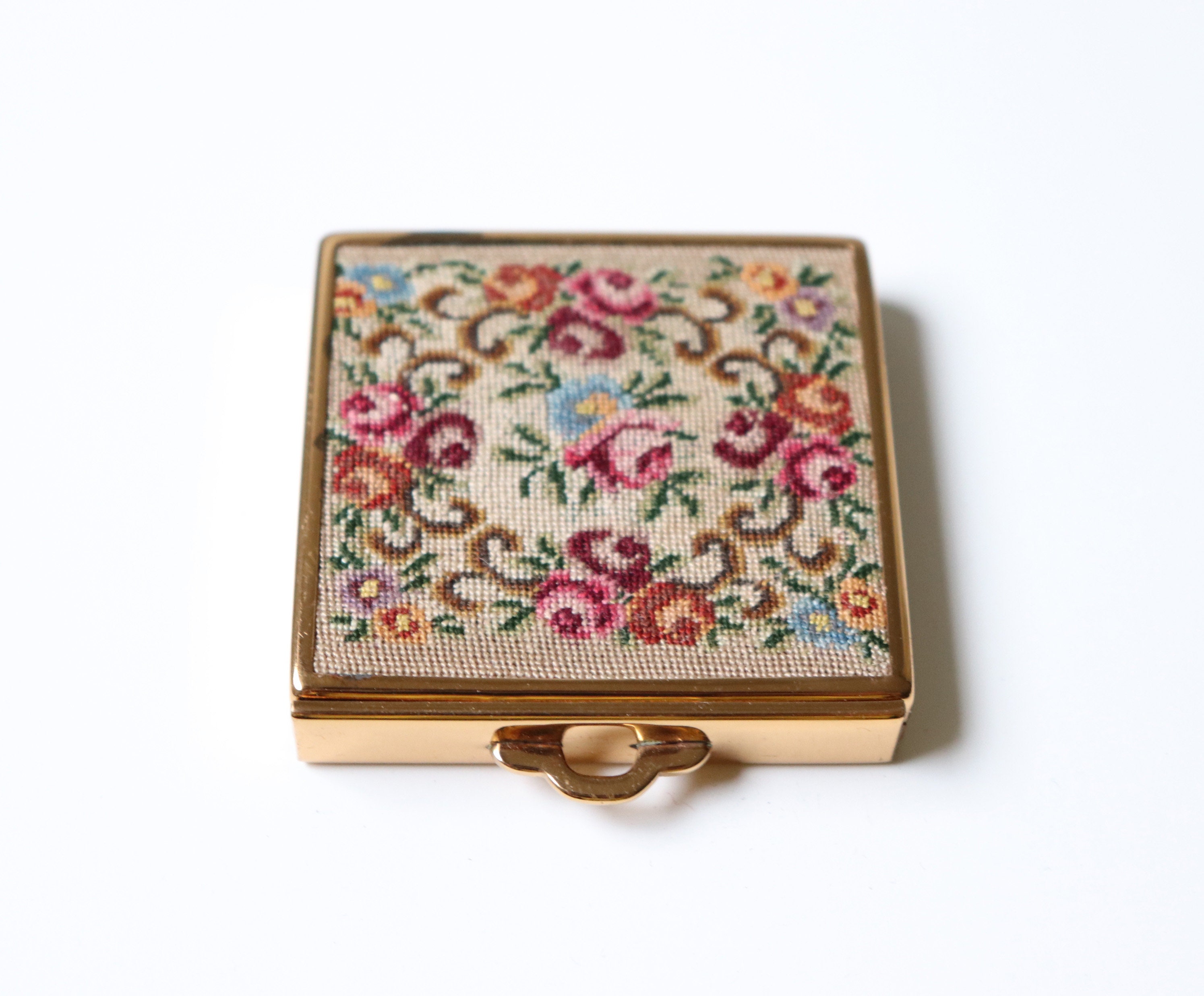 Compact Mirrored Makeup Case Embroidered Pink Roses Vintage Etsy