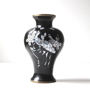 Vintage Korean Black Lacquered Enamel Vase Black and Silver Floral Design Flower Vase image 1