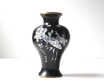 Vintage Korean Black Lacquered Enamel Vase; Black and Silver Floral Design Flower Vase