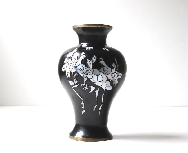 Vintage Korean Black Lacquered Enamel Vase Black and Silver Floral Design Flower Vase image 1