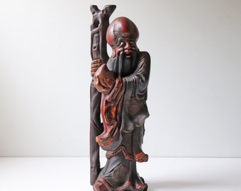 18" Tall Antique Chinese Wood Carved Figure of Standing Shou Lao Immortal; Daoist God of Longevity; Old Root Wood Buddha Statue; Home Decor