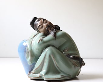 figure d'érudit en poterie chinoise Shiwan Glazed Mudman vintage; Homme de boue chinois Décor asiatique de collection pour la maison et la vie