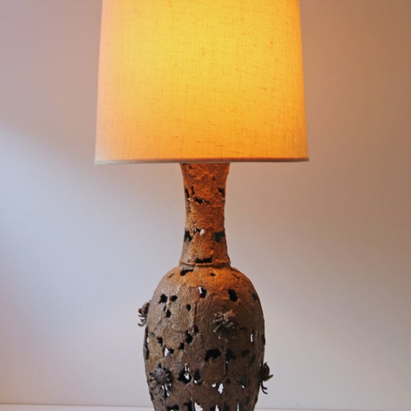 RESERVED.....Vintage leaf brutalist metal table lamp large - antique bronze textured metal - grape leaves flower pattern - bohemian decor
