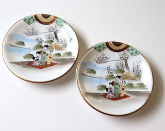 2 Pc Old Japanese Kutani Porcelain Saucer Dessert Plates; Imari Kozara White Porcelain Dishes with Women in Robes -(SB24)