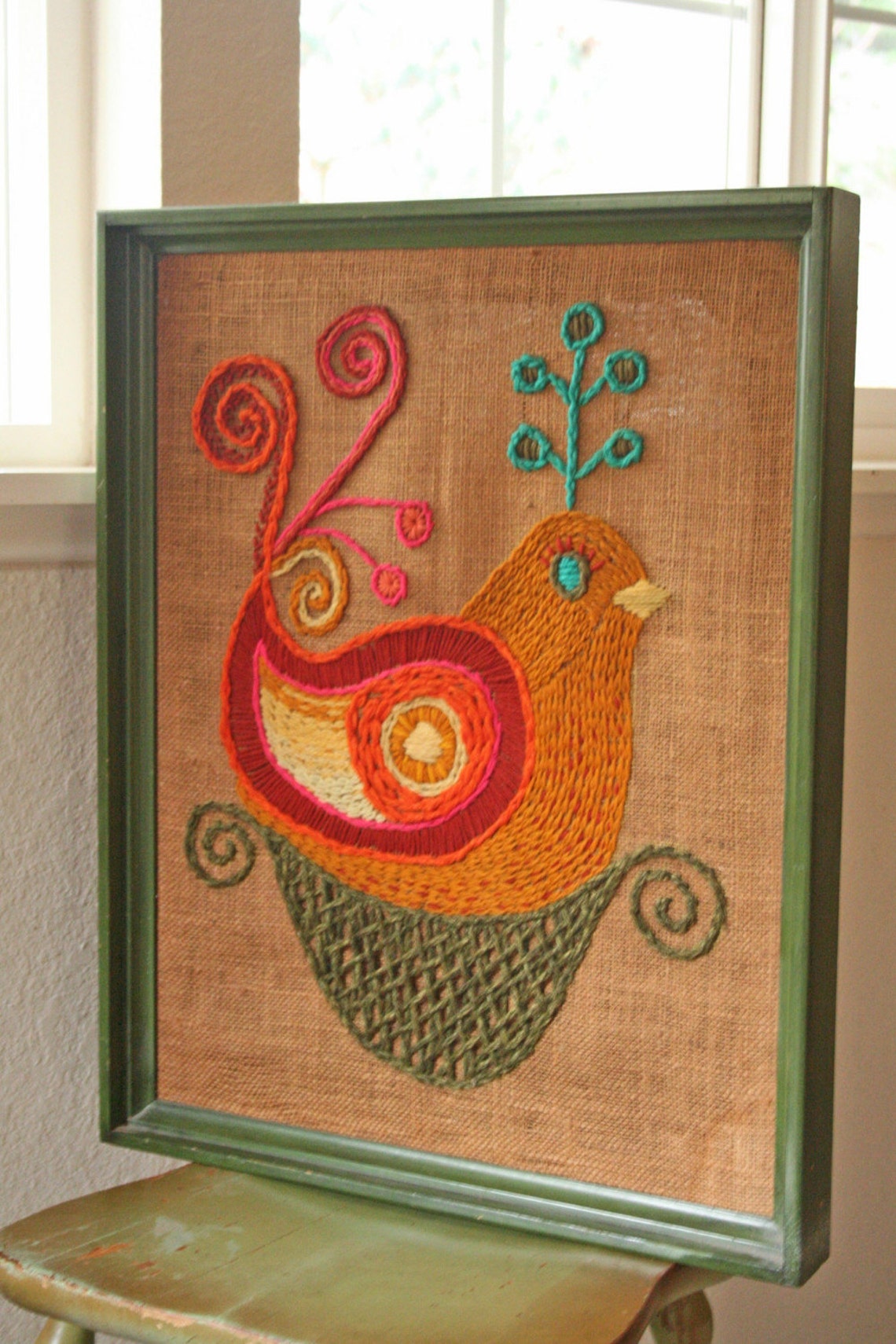 Large vintage colorful bird crewel wall art decor Etsy