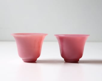 2 Pc Antique Chinese Pink Peking Glass Wine Cups; Chinese Art Glass Bowl Miniature Early 1900s -(SB-30)