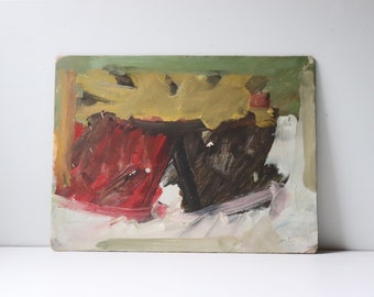 Vintage Abstract Oil Painting on Hardboard Red Gray Yellow; Artist Palette Small Painting Bohemian Eclectic Wall Decor