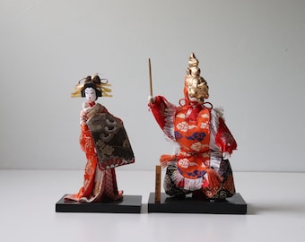 Pair 7" Tall Vintage Japanese Hina Dolls with Stand [SB60]