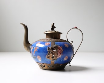Antique Blue Chinese Tibetan Ceremonial Teapot; Monkey Dragon Porcelain and Brass Decorated Miniature Teapot -[SB-28]