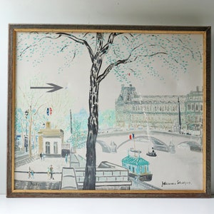 May include: A framed painting depicting a Parisian scene with a bridge, a river, and buildings. The painting is done in a light, impressionistic style with a focus on the buildings and the bridge. The painting is signed "Jean-Pierre Schnyder" in the lower right corner.
