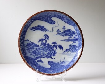 10" Japanese Igezara Mountainscape Blue and White Plate; Antique Transferware Porcelain Plate Chinoiserie -(PL-B)