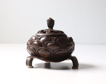 Vintage Chinese Bronze Incense Burner Lotus Flower; Altar Shrine Home Living -(SB23)