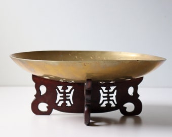 Large Antique Chinese Incised Solid Brass Shallow Bowl with Wood Stand; Birds Cloud Pattern Catch All Bowl Incense Bowl; Asian Home Decor