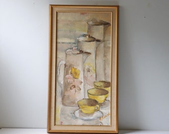 Mid Century Still Life Oil Painting on Canvas Yellow Teacups, Teapot Painting Framed Art Home Wall Art Decor