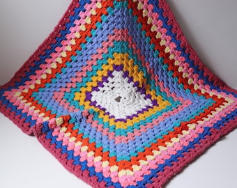 28x28 Square Crochet Afghan Throw Blanket Pink Blue Green; Square Dance Afghan Granny Retro Blanket; Nursery Blanket  --[A5]