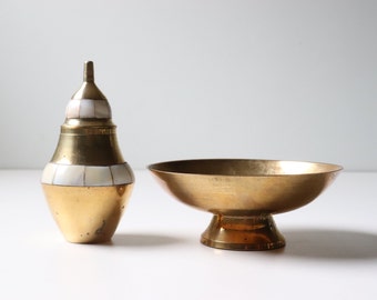 2 Small Brass and Mother of Pearl Urn and Bowl; Vintage Home Decor Brass Vase Bowl India -[B5]