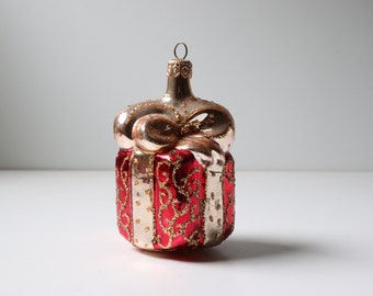 Red Gift Box Handblown Christmas Tree Ornament Inge-Glas; Vintage Christmas Holiday Decor Red Box