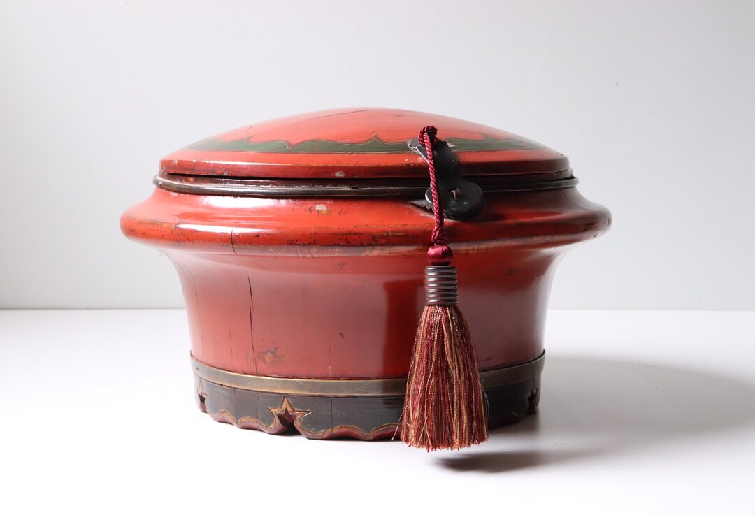 Antique Chinese Red Lacquered Rice Bucket Asian Home Decor Storage Box ...