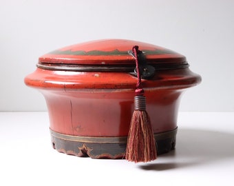 Antique Chinese Red Lacquered Rice Bucket; Asian Home Decor Storage Box; Chinoiserie Home and Living Basket Storage