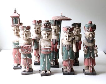 8 Pc Vintage Balinese Hand carved Wooden Figures Bohemian Room Decor -[B30]