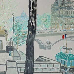 May include: A painting of a Parisian cityscape with a river, bridges, and buildings. The painting is done in a loose, impressionistic style with bright colors. There are trees and a flag in the foreground.