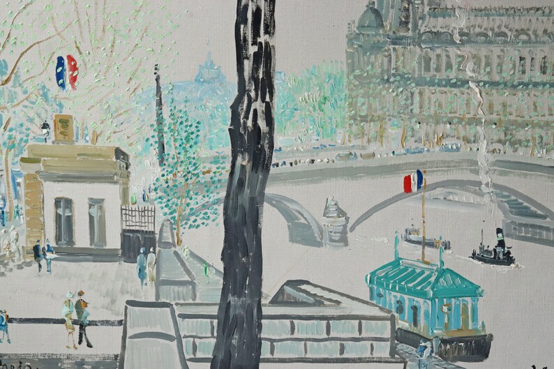 May include: A painting of a Parisian cityscape with a river, bridges, and buildings. The painting is done in a loose, impressionistic style with bright colors. There are trees and a flag in the foreground.