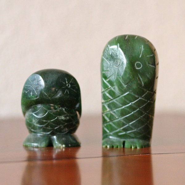 pair of vintage green alabaster owl figures