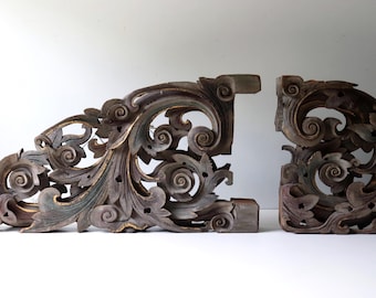Pair of Antique Chinese Hand Carved Wood Corbels -[B51]