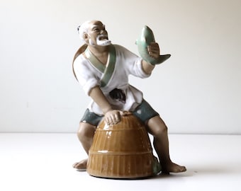 7.5" Vintage Chinese Shiwan Glazed Mudman Pottery Fisherman Figure; Chinese Mud man Asian Collectible Home and Living Decor [M1-C]
