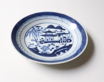 5.5" Antique Chinese Canton Blue and White Porcelain Dish Small; Export Canton Dish with Pagoda Scene -[B4]