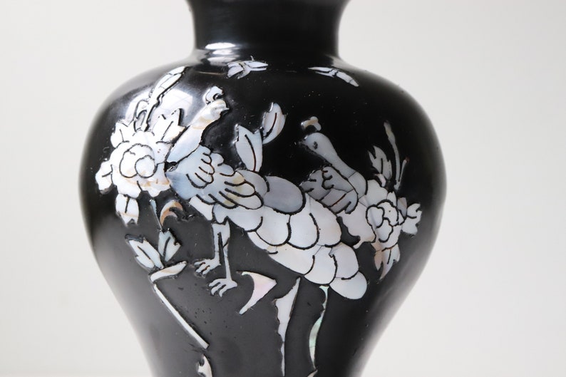 Vintage Korean Black Lacquered Enamel Vase Black and Silver Floral Design Flower Vase image 2