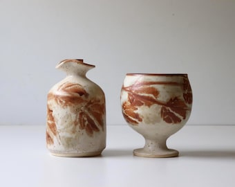 Vintage B. Welsh Studio Pottery Oil & Vinegar Cruet 1970s Stoneware Cup Signed Bennett Welsh Oregon [B50]