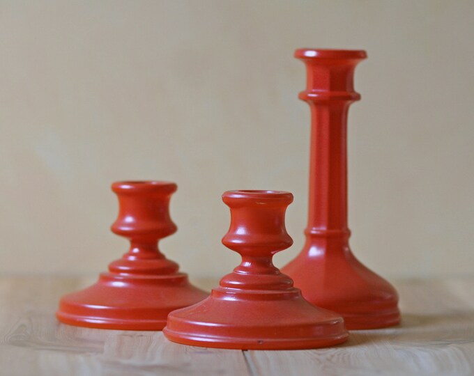 Orange Candle Holders / Glass Candlesticks / Set of Three Etsy
