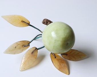 Mid Century Chinese Hardstone Jade Green Apple Plum; Vintage Chinese Fruit Sculpture; Modern Bohemian Home Decor Art Objects (SB21)