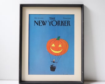 1984 The New Yorker Magazine Cartoon Cover Original Matted & Framed; Pumpkin Autumn Fall Halloween Wall Mantle Decor; Home Living Wall Art