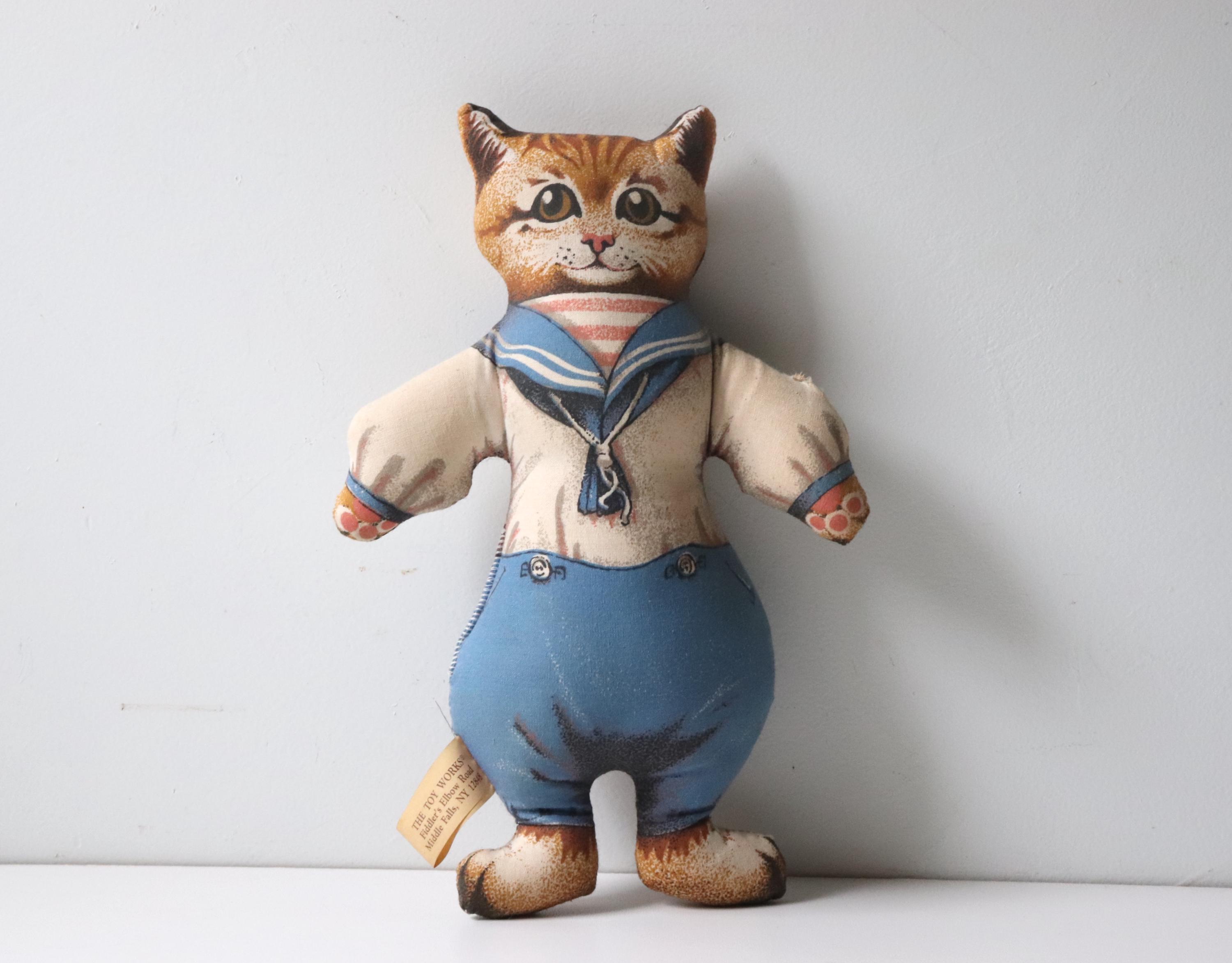 Vintage Cat Doll in Sailor Suit Cloth Stuffed Animal, 1970s the