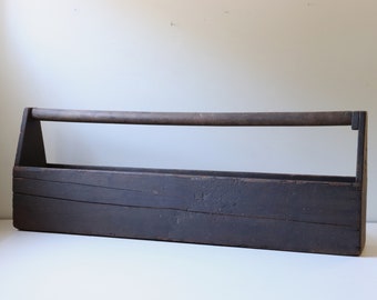 Early American Primitive Wood Toolbox; Extra Large Wood Carrier Vintage Handcrafted Heritage