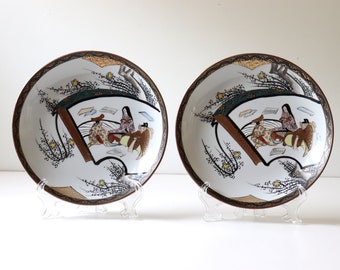 2 Pc Old Japanese Kutani Porcelain Saucer Dessert Plates; Imari Kozara White Porcelain Dishes with Women in Robes -(SB24)