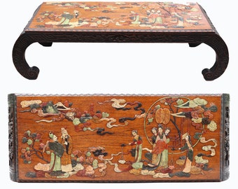 Antique Chinese Hardstone Applique Coffee Table, Carved Dark Wood Hollywood Regency  Low Coffee Table