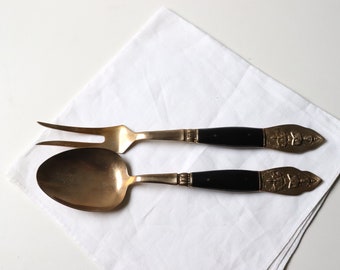 2 Pc Serving Spoon Fork Thai Brass Flatware; Vintage Utensils Metal Gold Fork Knife Spoon Server; Bohemian Home Kitchen Dining -(SB-5)