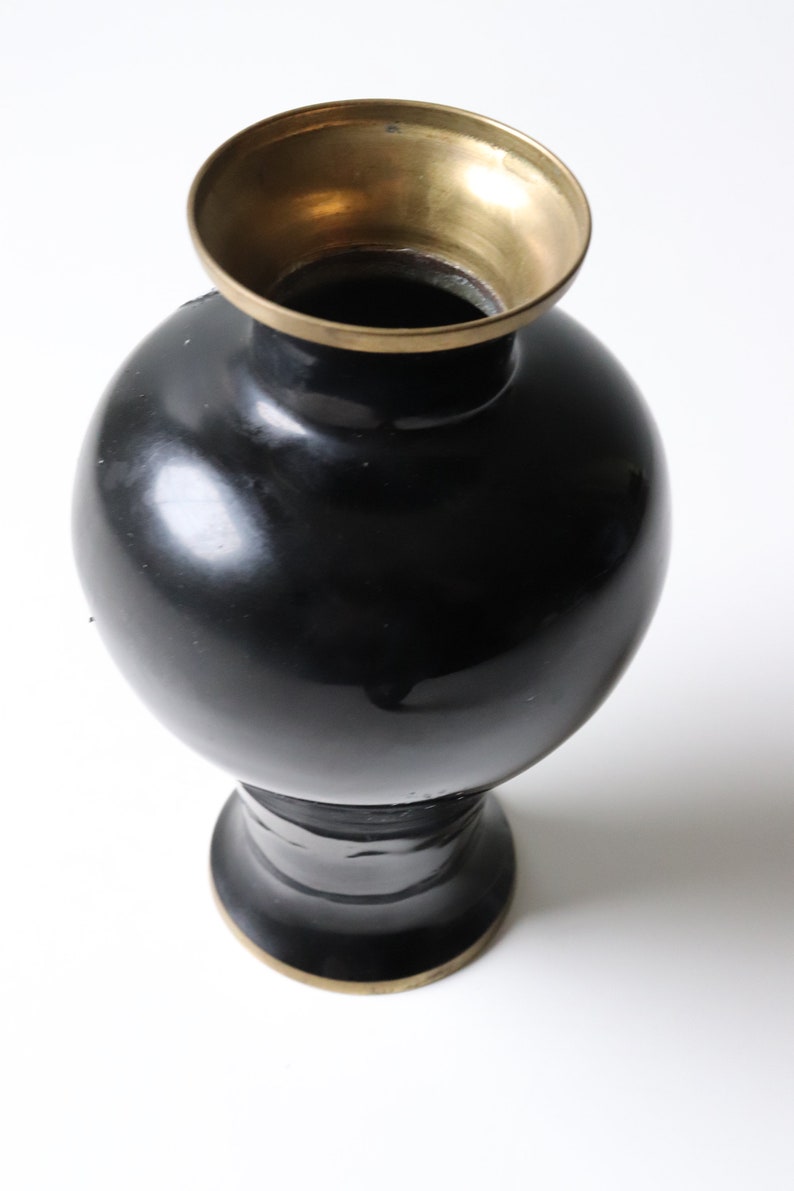 Vintage Korean Black Lacquered Enamel Vase Black and Silver Floral Design Flower Vase image 5
