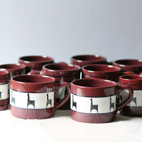 set of 12 vintage pottery cups Llama pattern