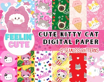 Cute Kawaii Kitty Cat Digital Papers - 12 SEAMLESS Pattern Designs 300 dpi - Ready to Print - High Quality - Pink Colorfull