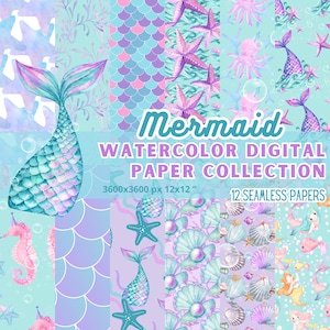 Papier numérique sirène, collection aquarelle, bleu turquoise, kit de scrapbooking, sans couture, poisson, eau, mer, journal imprimable, 12 x 12, 3 600 px, fête