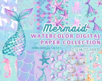 Mermaid Digital Paper Watercolor Collection Blue Turquoise Kit Scrapbooking Seamless Fish Water Sea Journal Printable 12x12 3600px Party