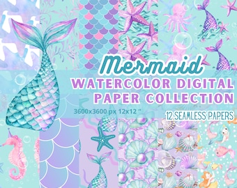 Meerjungfrau Digitales Papier Aquarell Sammlung Blau Türkis Kit Scrapbooking Nahtlose Fisch Wasser Meer Journal Druckbar 12x12 3600px Party